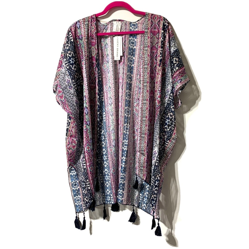 Lucky Brand Swim Kimono Cover Up Size XS / S Printed Sparkle Boho Tassels NWT
